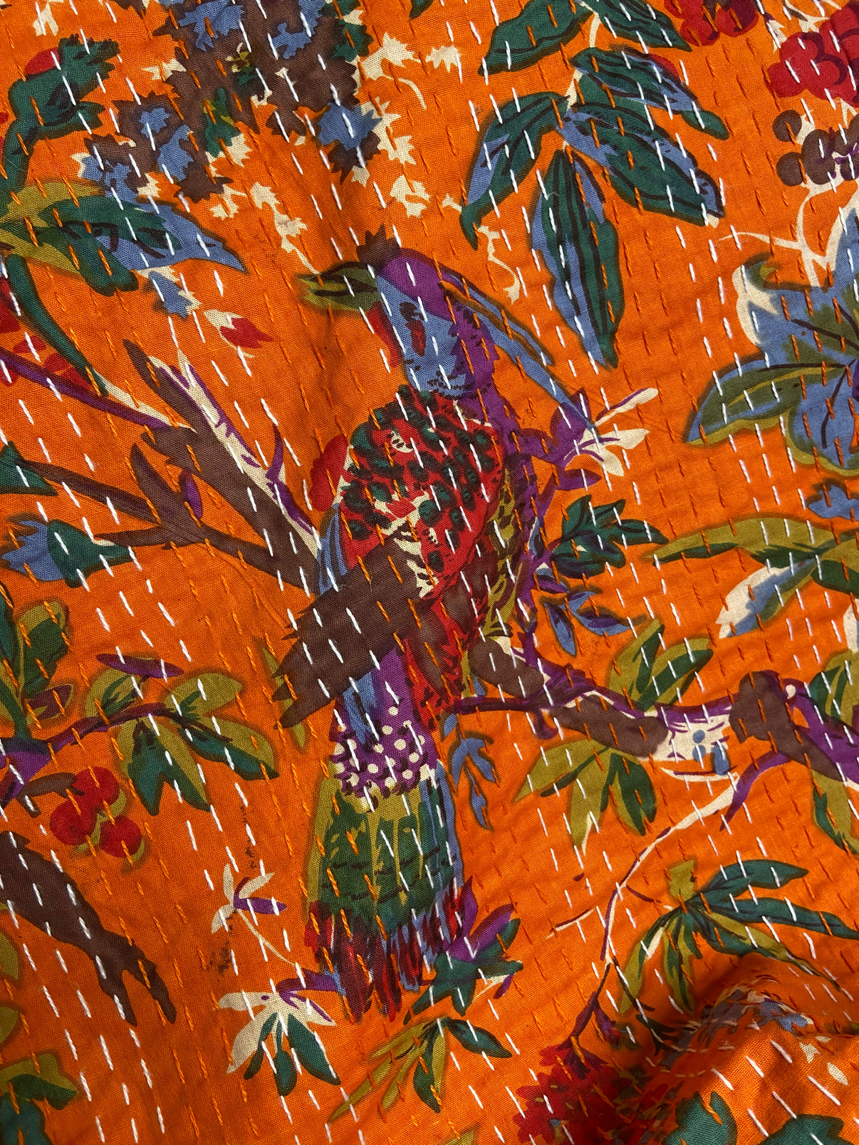 Orange Bird Tropical Embroidered Kantha Bedspread - Nakhrro