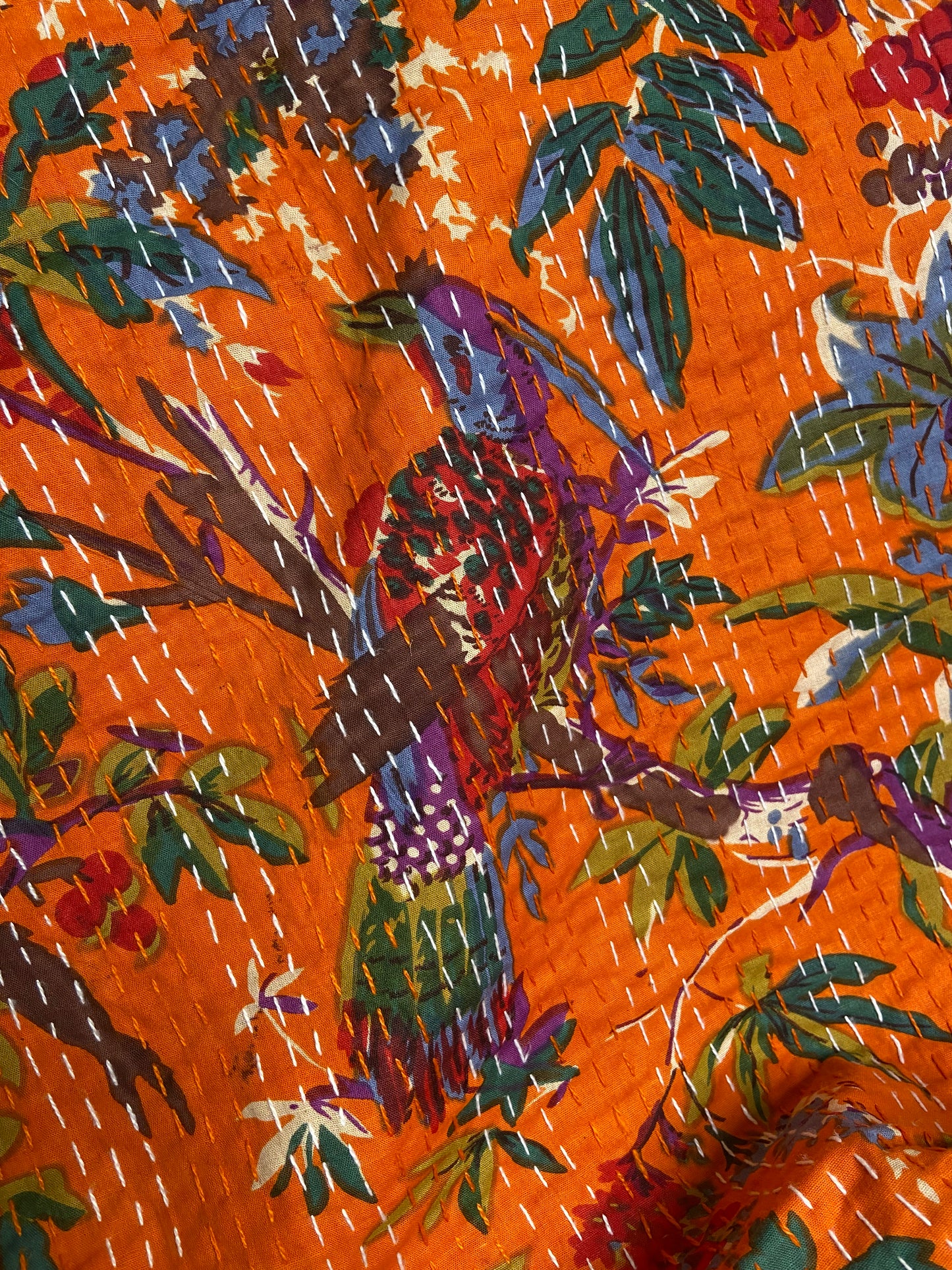 Orange Bird Tropical Embroidered Kantha Bedspread - Nakhrro