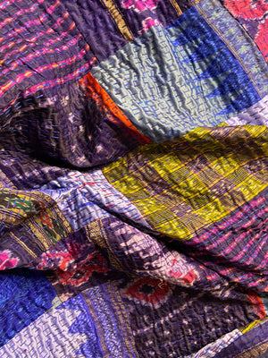 Royal Blue Silk Patchwork Embroidered Silk Bedspread - Nakhrro