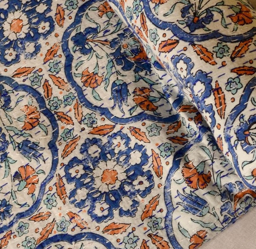 Blue Orange Turkish Tile Print Kantha - Nakhrro