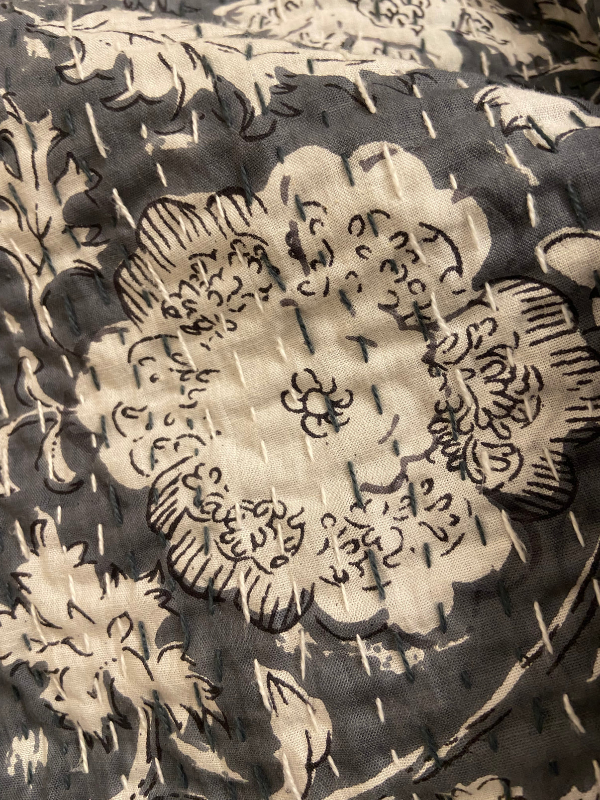 Grey Minimal Hand Embroidered Queen Kantha Bedspread - Nakhrro