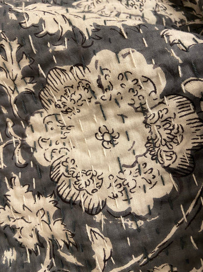 Grey Minimal Hand Embroidered Queen Kantha Bedspread - Nakhrro