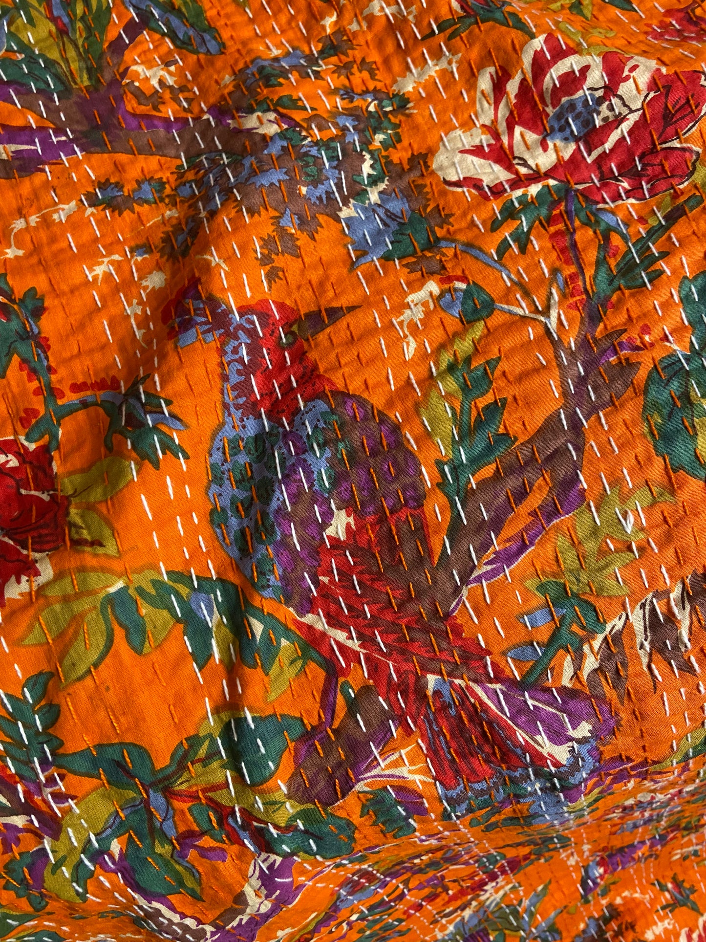 Orange Bird Tropical Embroidered Kantha Bedspread - Nakhrro