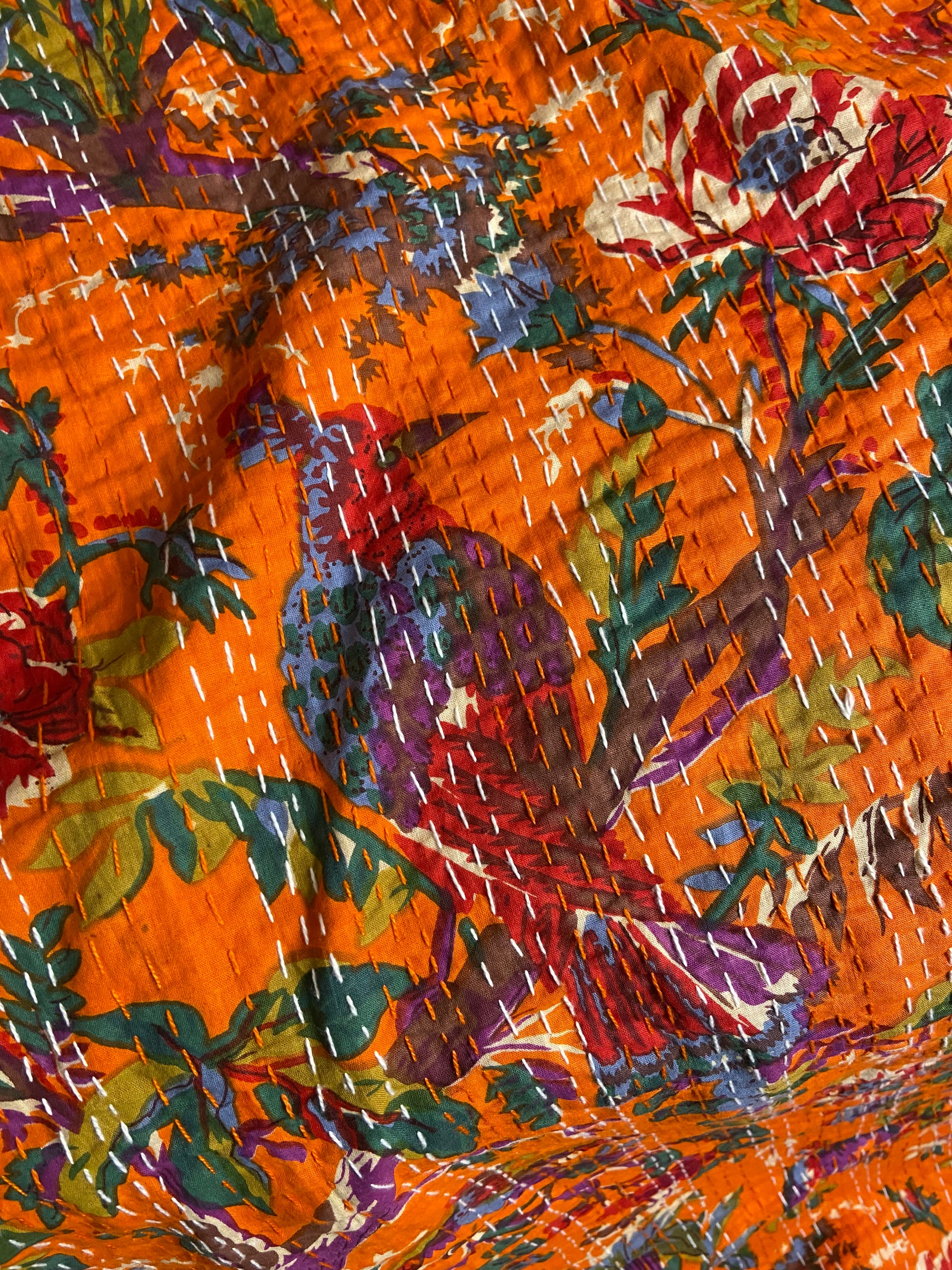 Orange Bird Tropical Embroidered Kantha Bedspread - Nakhrro