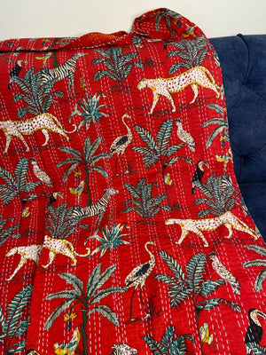 Hot Red Jungle Print Hand Embroidered Bedspread - Nakhrro