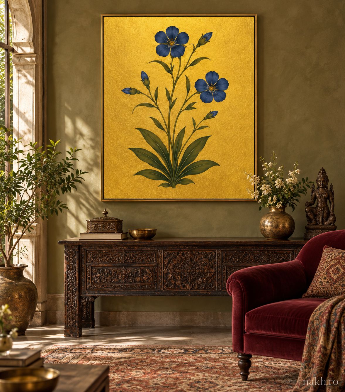 Indigo Five-Petal Flowers on Gold | Mughal Botanical Art Print in a styled room