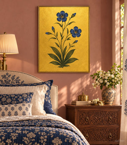 Indigo Five-Petal Flowers on Gold | Mughal Botanical Art Print in a styled room