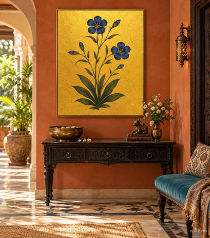 Indigo Five-Petal Flowers on Gold | Mughal Botanical Art Print in a styled room
