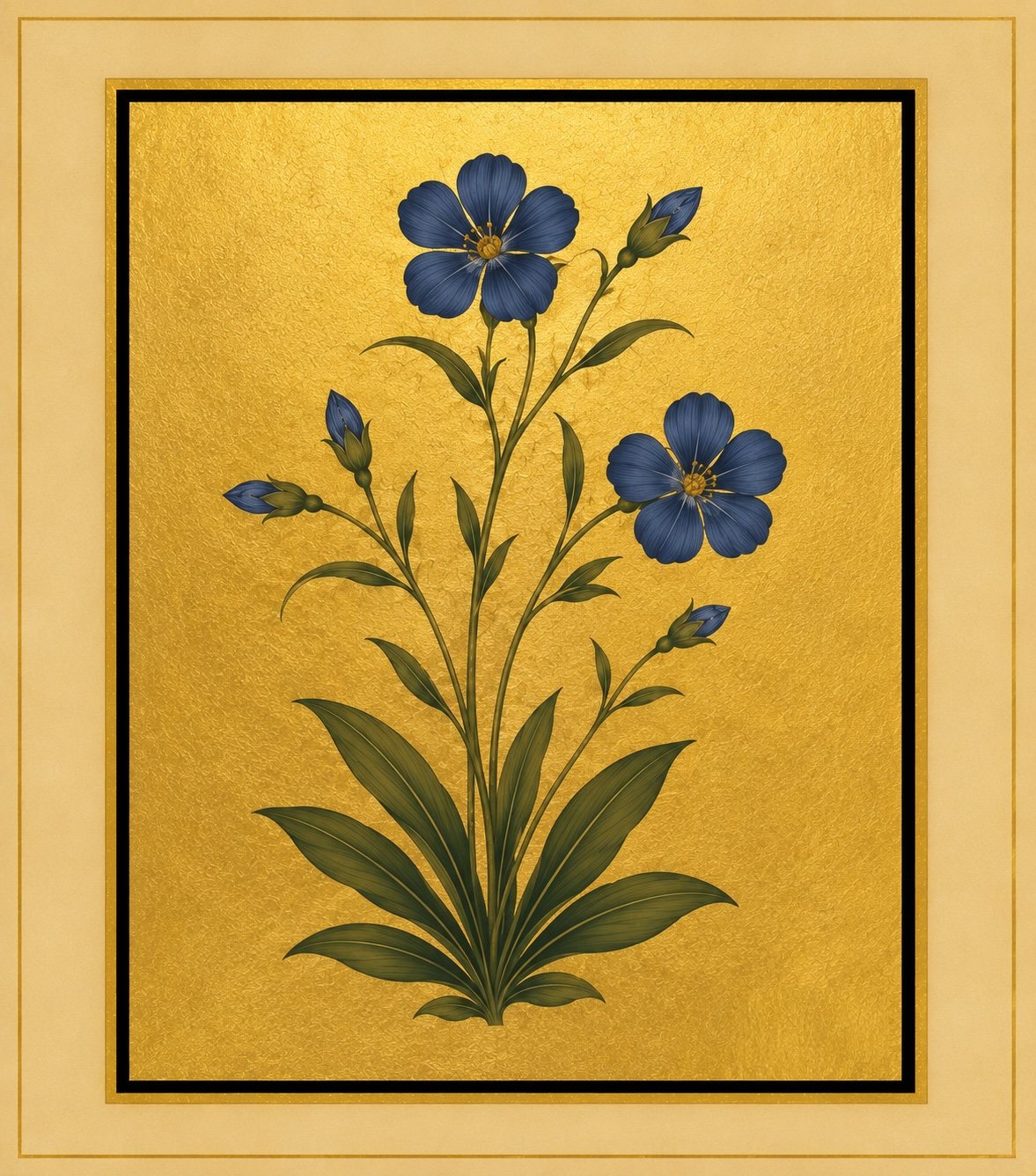 Indigo five-petalled flowers and a slender bud form a delicate branching spray. Gold-ground botanical art.
