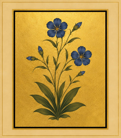 Indigo five-petalled flowers and a slender bud form a delicate branching spray. Gold-ground botanical art.