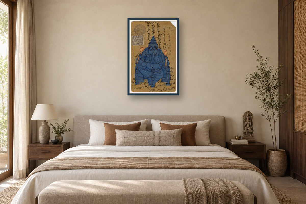 Indigo Ganesha Postcard styled in a premium bedroom