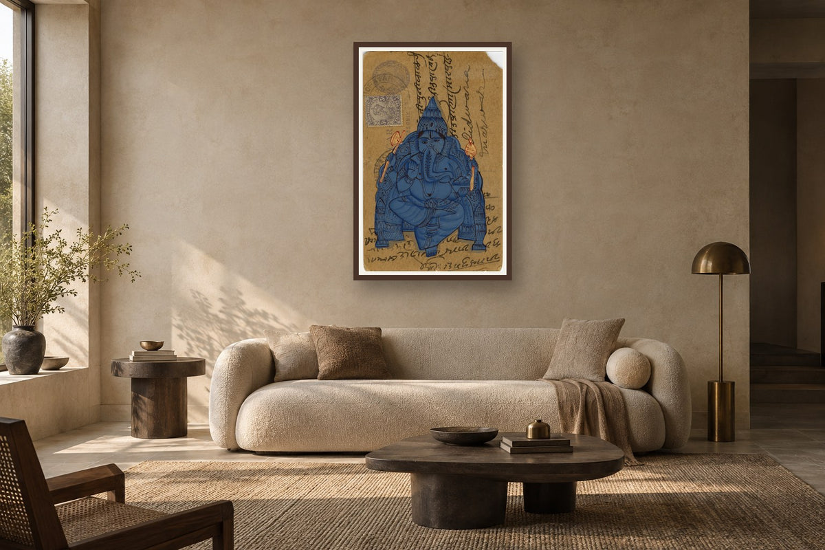 Indigo Ganesha Postcard styled in a premium living room
