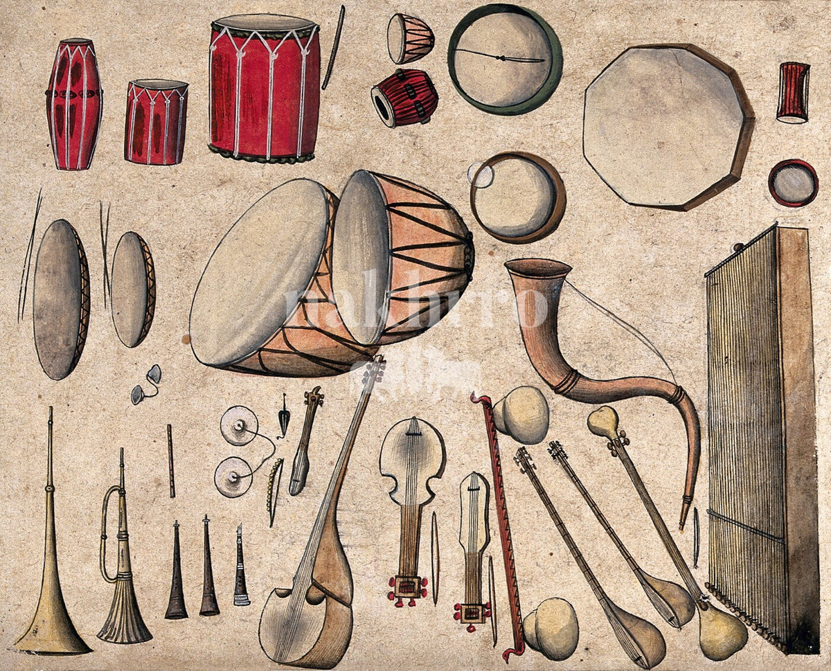 Collection of traditional Indian musical instruments heritage art print