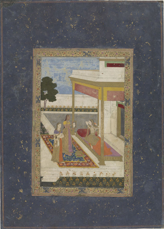 A small palace encounter is surrounded by a broad dark blue border of fine floral ornament, creating a richly framed composition.