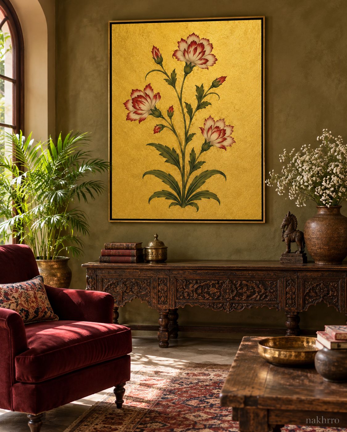 Ivory and Crimson Carnations on Gold | Mughal Botanical Art Print in a styled room
