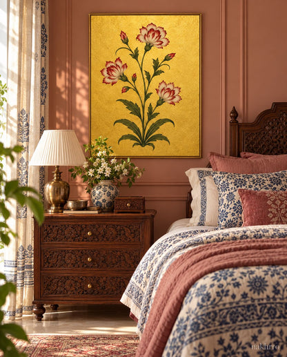 Ivory and Crimson Carnations on Gold | Mughal Botanical Art Print in a styled room