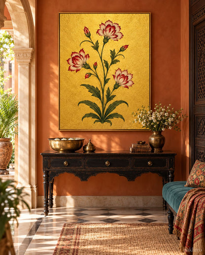 Ivory and Crimson Carnations on Gold | Mughal Botanical Art Print in a styled room
