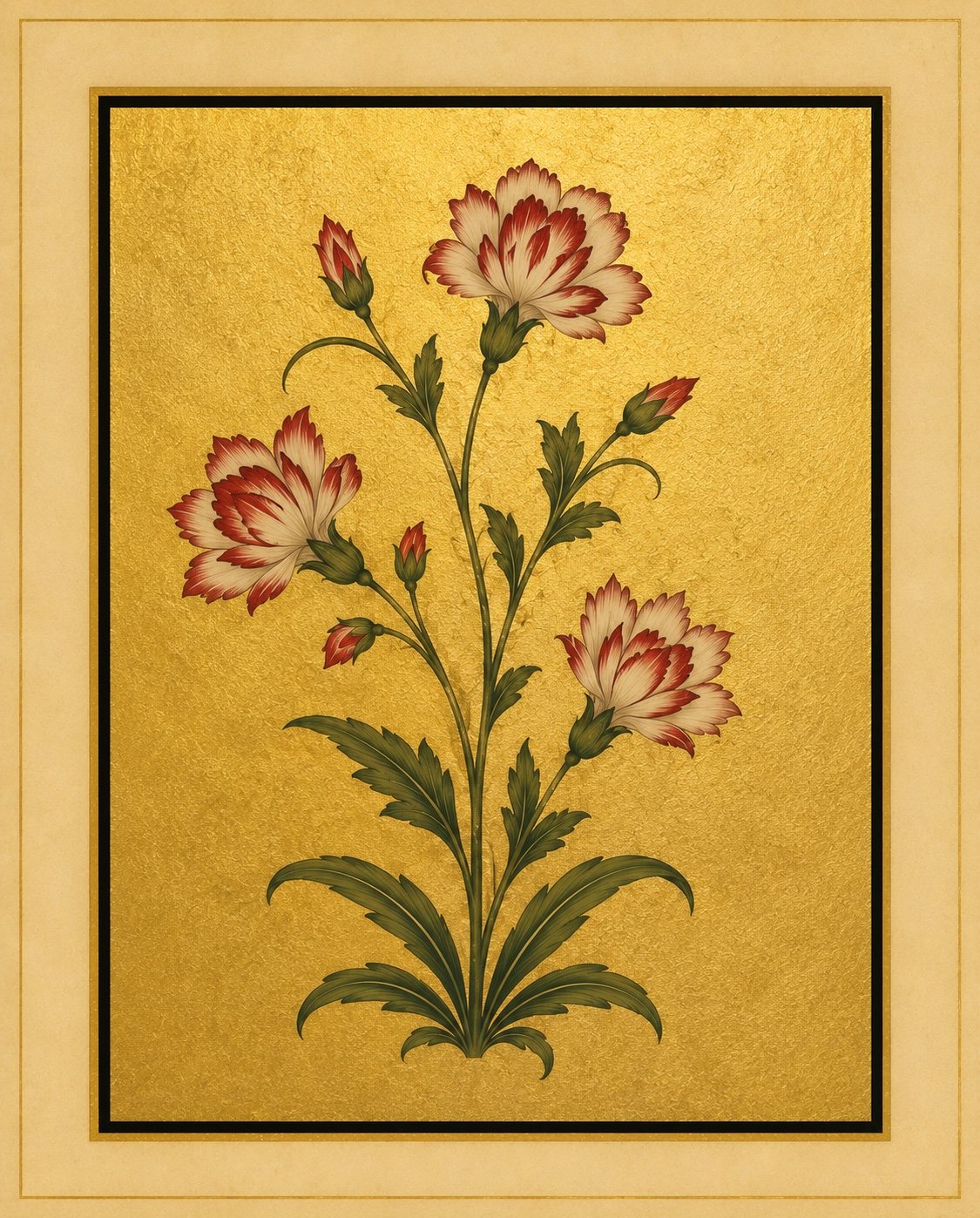 Ruffled ivory blossoms edged in crimson sit among pointed foliage. Gold-ground botanical art.