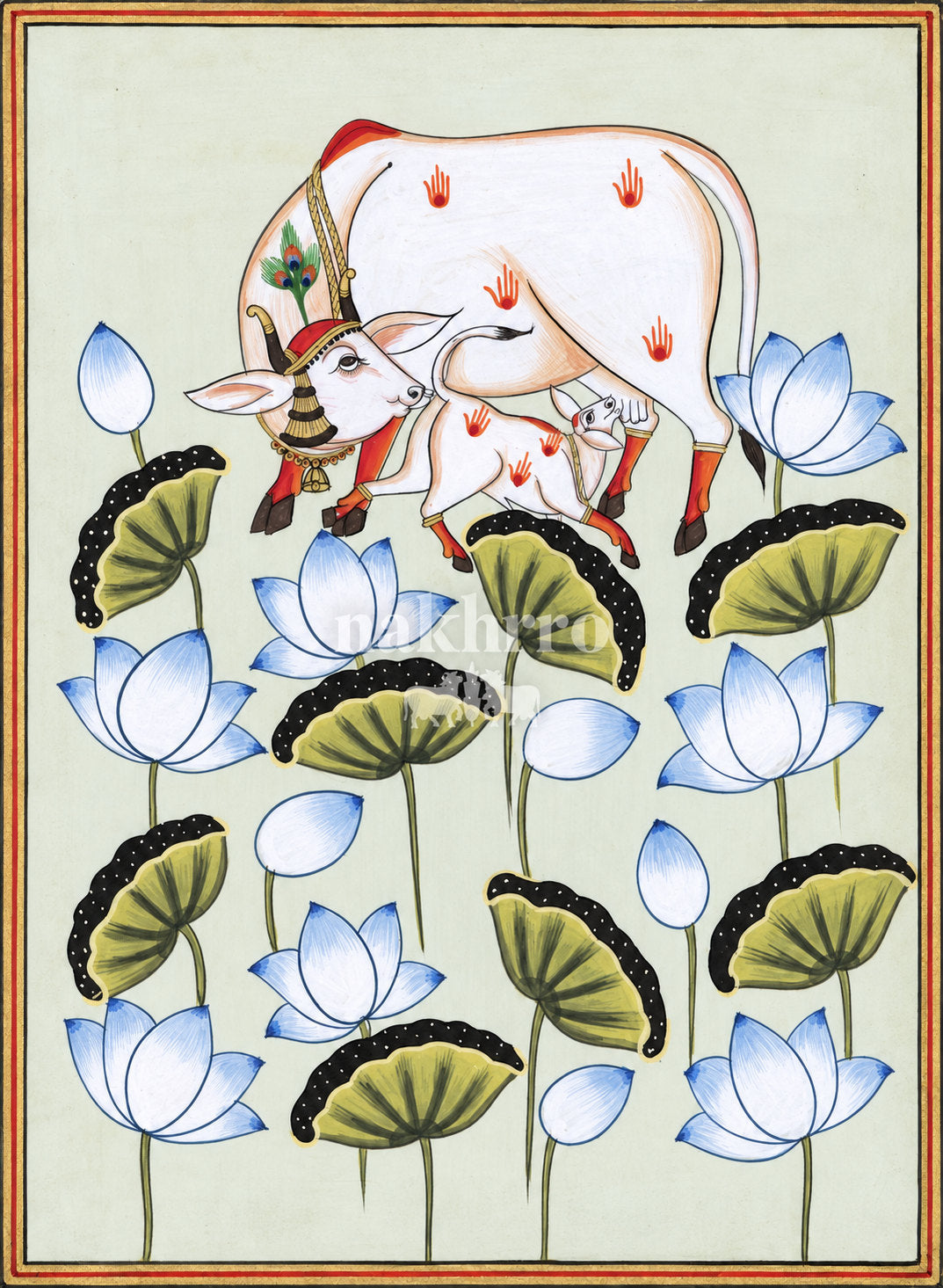 Ivory Cow and Calf among Lotuses | Pichwai Museum-Grade Art Print