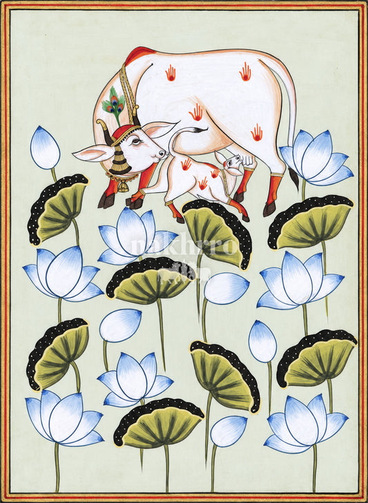 Ivory Cow and Calf among Lotuses | Pichwai Museum-Grade Art Print