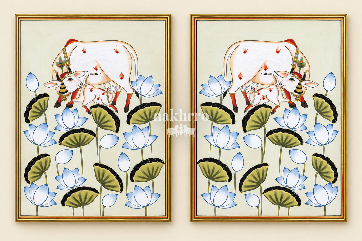 Ivory Cow and Calf among Lotuses | Mirrored Pichwai Gallery Wall Set of Two