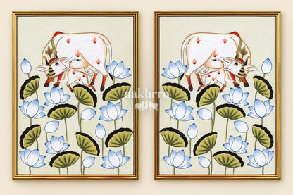 Ivory Cow and Calf among Lotuses | Mirrored Pichwai Gallery Wall Set of Two