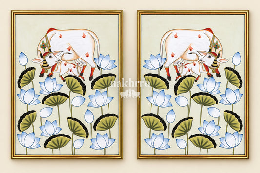 Ivory Cow and Calf among Lotuses | Mirrored Pichwai Gallery Wall Set of Two