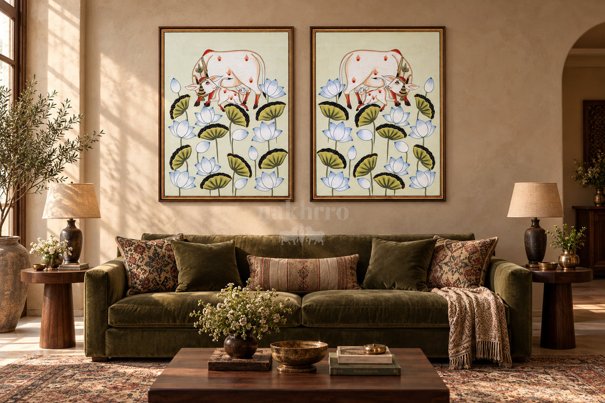 Ivory Cow and Calf among Lotuses — gallery wall room view 2