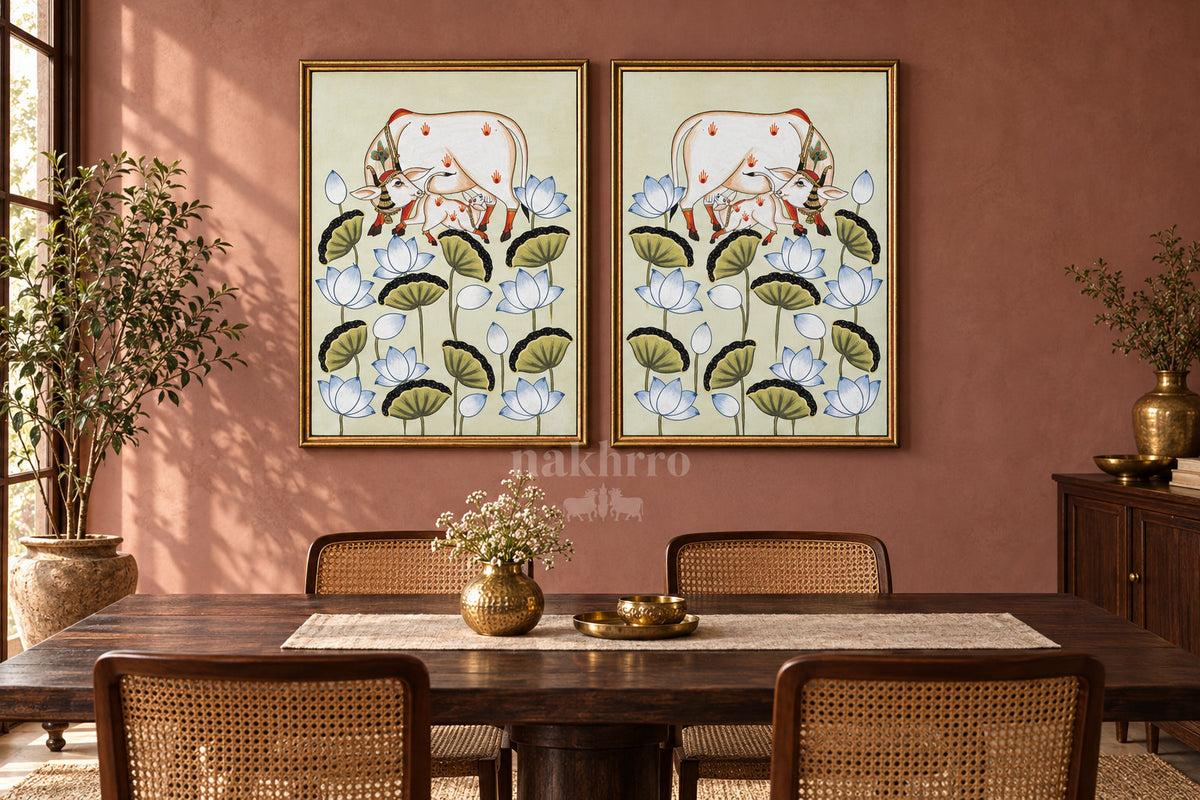 Ivory Cow and Calf among Lotuses — gallery wall room view 3