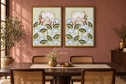Ivory Cow and Calf among Lotuses — gallery wall room view 3