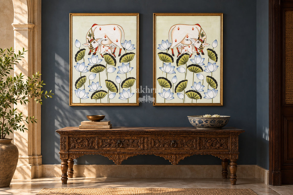 Ivory Cow and Calf among Lotuses — gallery wall room view 4