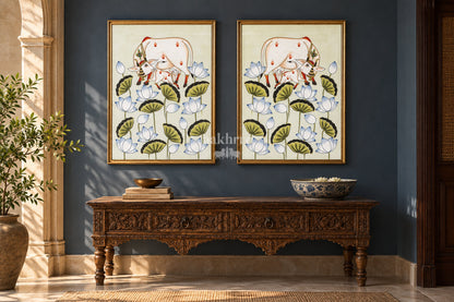 Ivory Cow and Calf among Lotuses — gallery wall room view 4