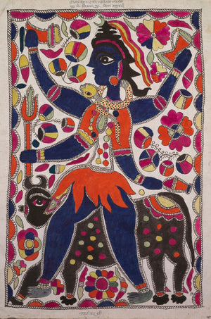 Blue Shiva with trident and sacred animals in vibrant Madhubani art