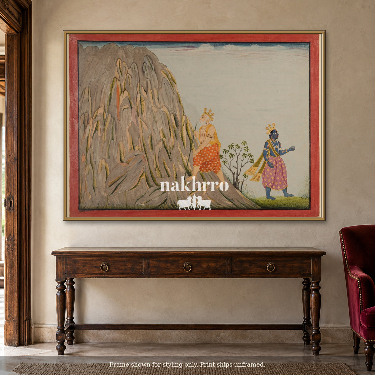 Journey Through the Mountains — warm foyer framed styling mockup, print ships unframed