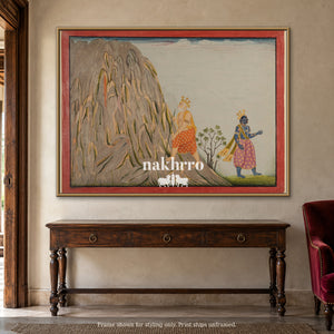 Journey Through the Mountains — warm foyer framed styling mockup, print ships unframed