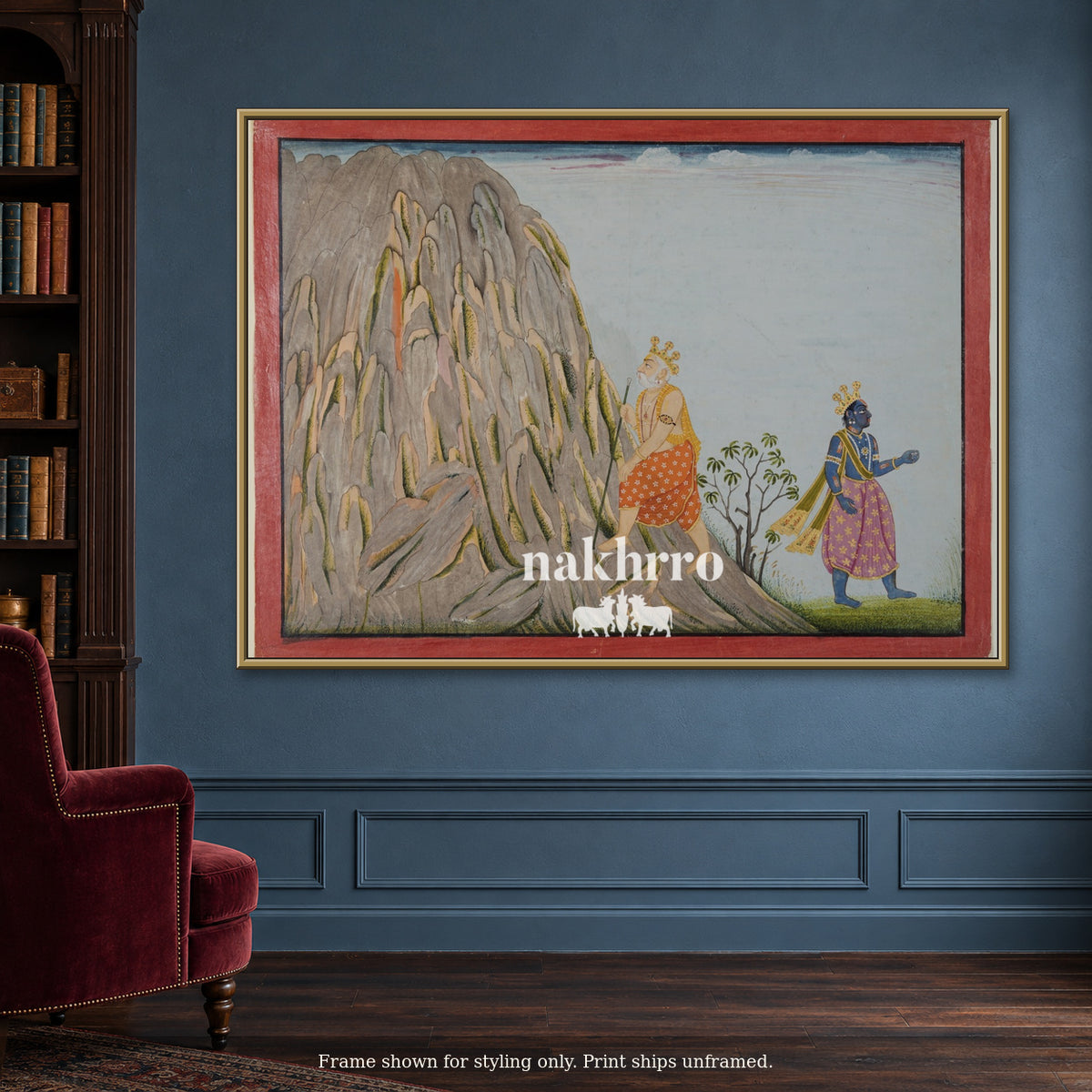 Journey Through the Mountains — blue reading room framed styling mockup, print ships unframed
