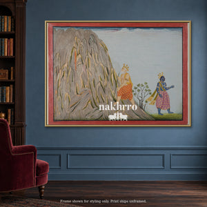Journey Through the Mountains — blue reading room framed styling mockup, print ships unframed