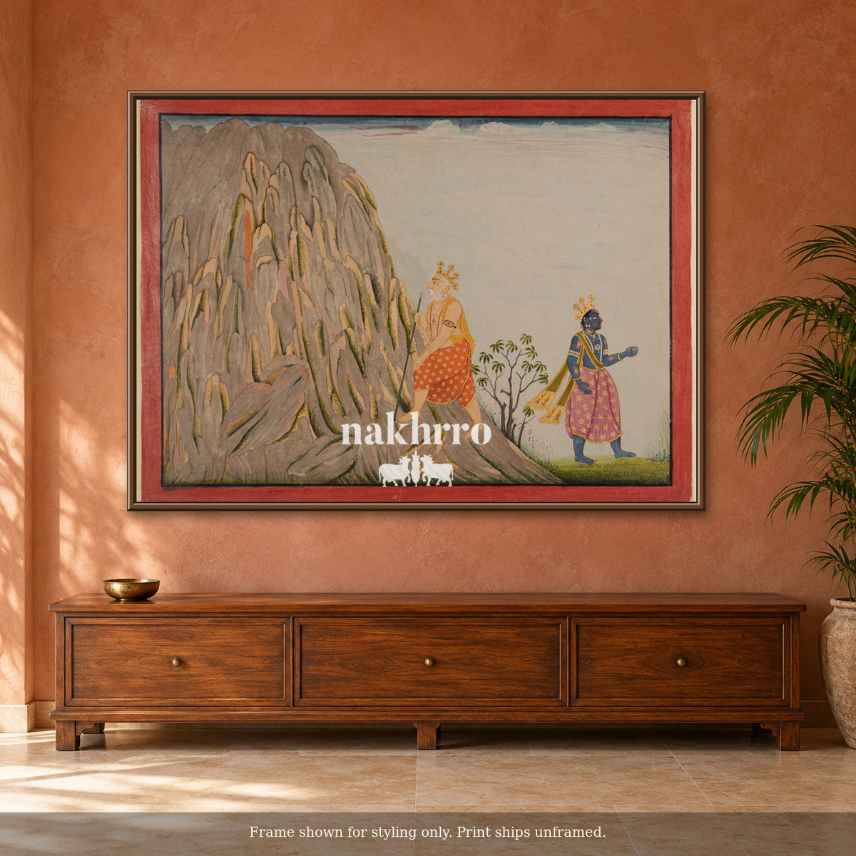 Journey Through the Mountains — terracotta room framed styling mockup, print ships unframed