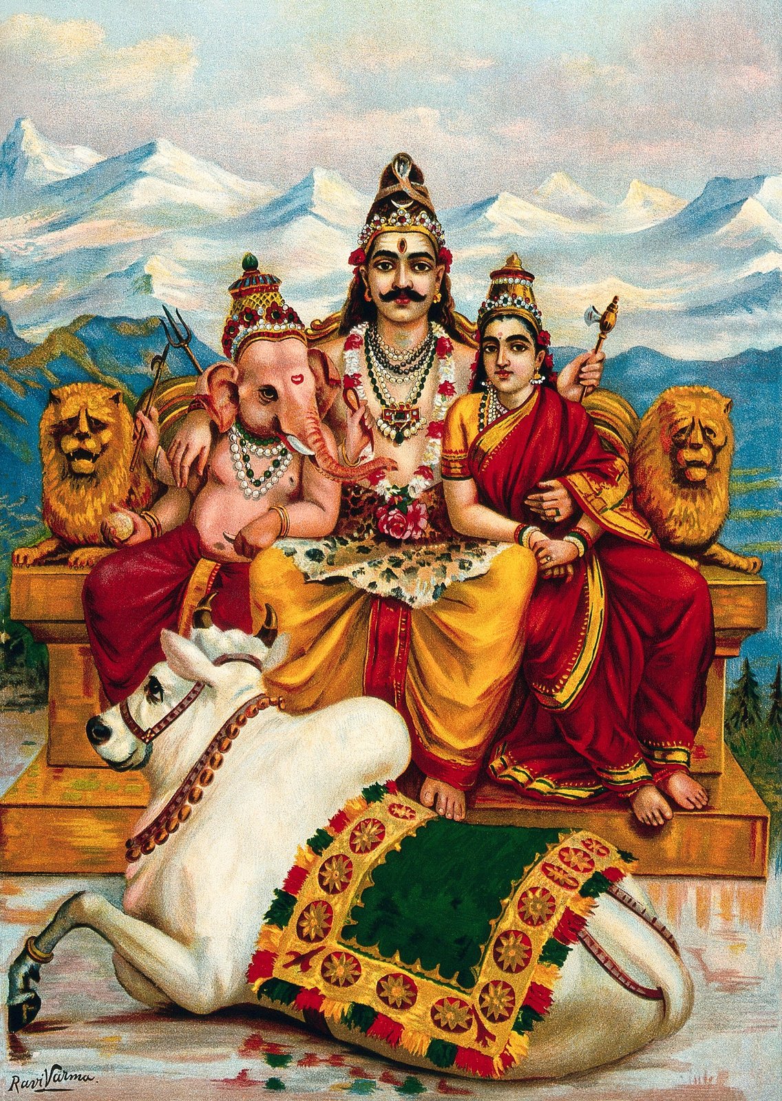 Kailasha Shankara by Raja Ravi Varma: Shiva, Parvati, Ganesha and Nandi at Mount Kailash