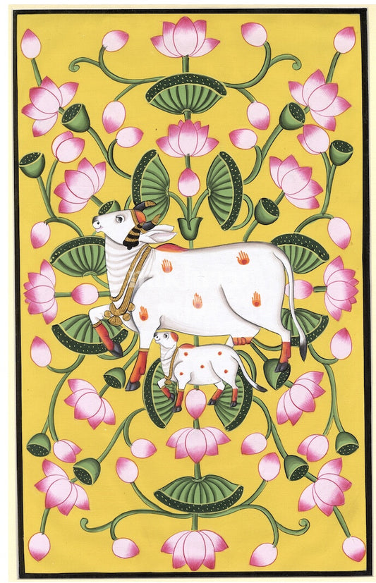Kamdhenu and calf amid pink lotuses Pichwai art print