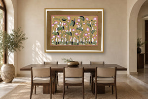 Kamdhenu Cow On Lotus Pichwai styled in a premium dining room