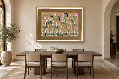 Kamdhenu Cow On Lotus Pichwai styled in a premium dining room