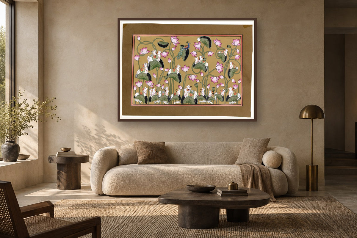 Kamdhenu Cow On Lotus Pichwai styled in a premium living room