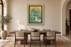 Kamdhenu in Nidhivan Pichwai styled in a premium dining room