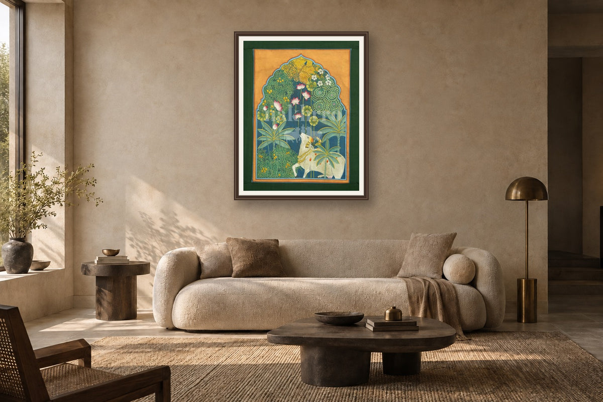 Kamdhenu in Nidhivan Pichwai styled in a premium living room