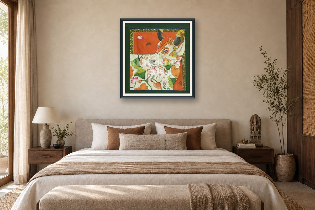 Kamdhenu Pichwai with Lotus Motifs styled in a premium bedroom