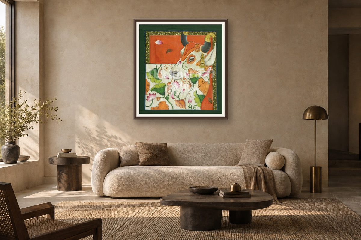 Kamdhenu Pichwai with Lotus Motifs styled in a premium living room