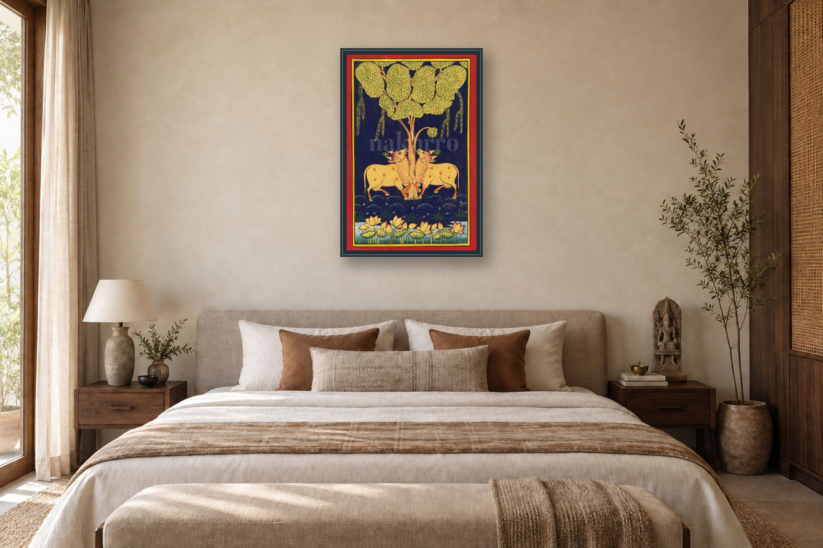 Kamdhenu Around Tree of Life Indigo in a bedroom