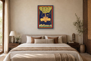Kamdhenu Around Tree of Life Indigo in a bedroom