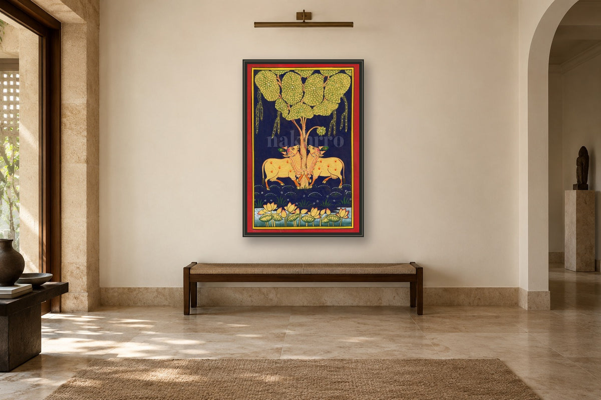 Kamdhenu Around Tree of Life Indigo in a gallery room